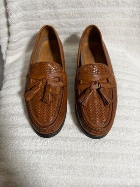 Johnston & Murphy Passports Brown Woven Leather Tassel Loafers Size 8